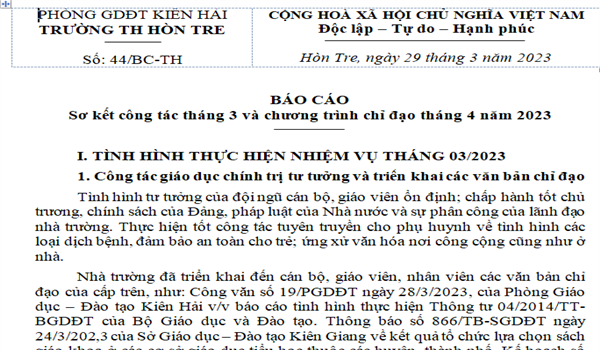 BÁO CÁO Sơ kết công tác tháng 3 và chương trình chỉ đạo tháng 4 năm 2023