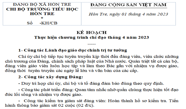KẾ HOẠCH Thực hiện chương trình chỉ đạo tháng 4 năm 2023